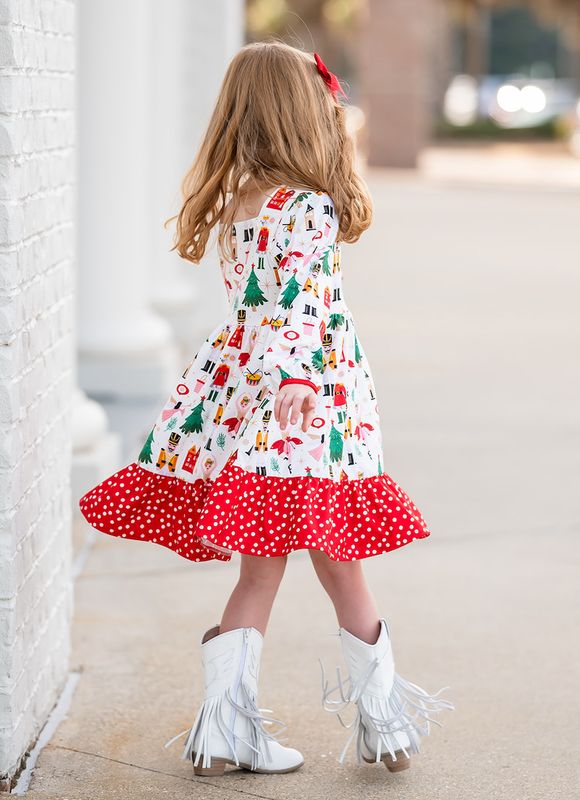 Cream Nutcracker Christmas Square-Neck Button-Front Dres