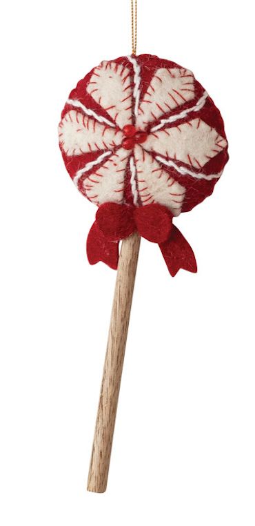 Handmade Wool Felt &amp; Mango Wood Lollipop Ornament with Sequins &amp; Beads XT1103A, Color: Red/Red Bow