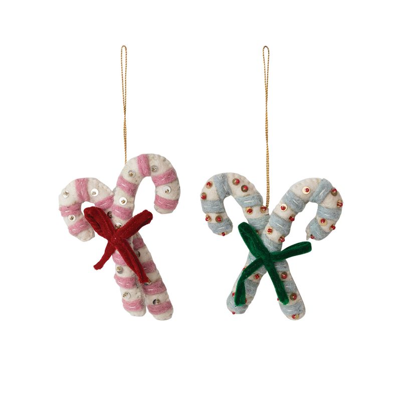 Handmade Wool Felt Candy Canes Ornament with Embroidery, Sequins &amp; Bow XT0210A