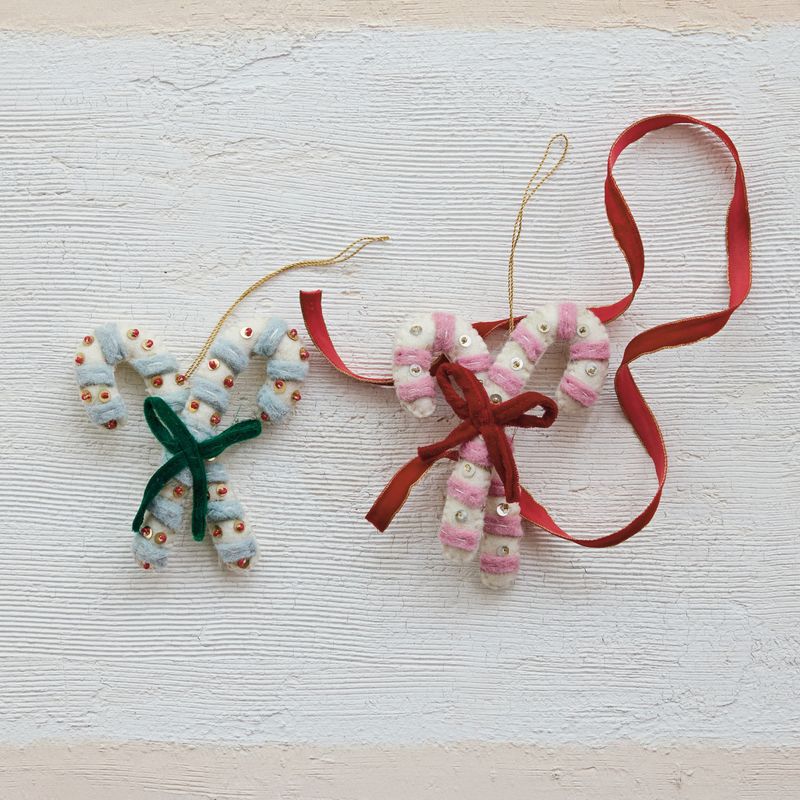 Handmade Wool Felt Candy Canes Ornament with Embroidery, Sequins &amp; Bow XT0210A
