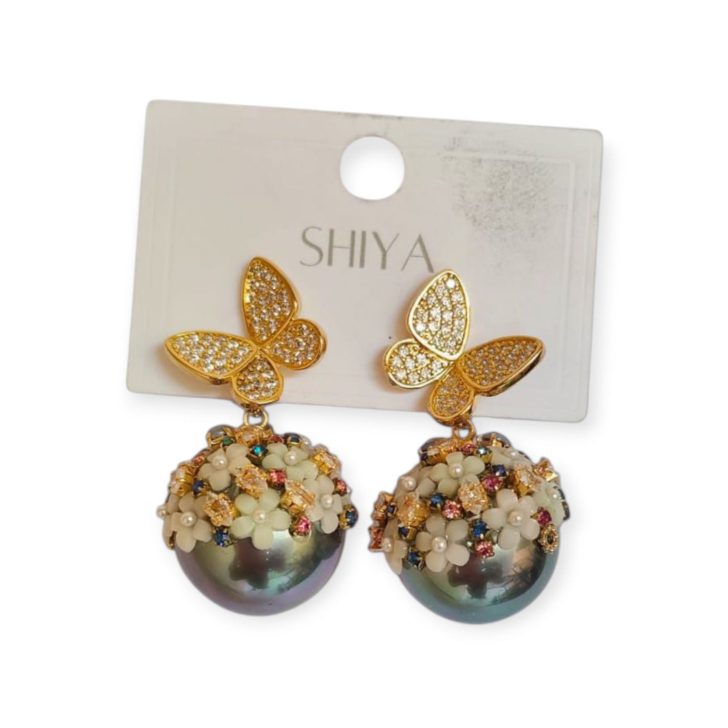 Gold-tone butterfly stud earrings with pearl-cluster drops