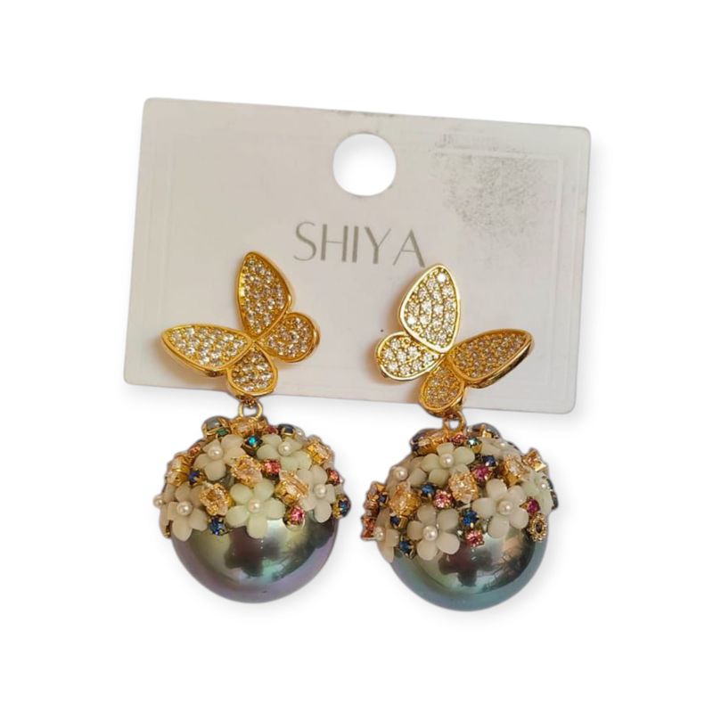 Gold-tone butterfly stud earrings with pearl-cluster drops
