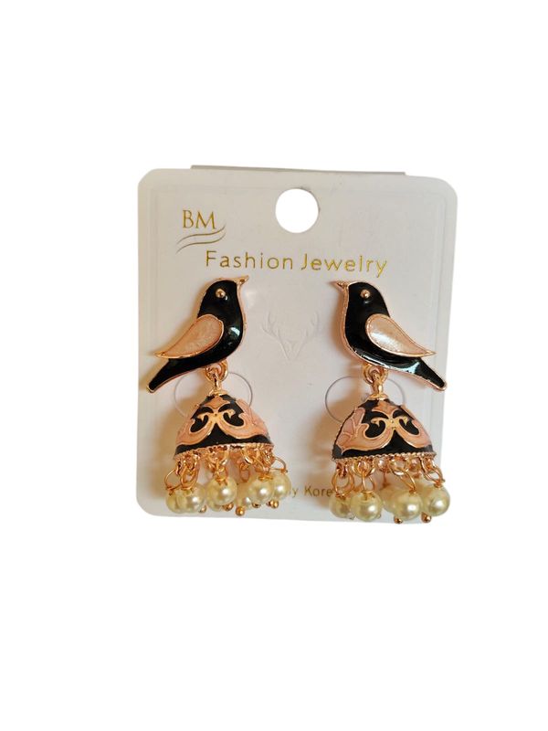 Bird enamel earrings in black and peach tones