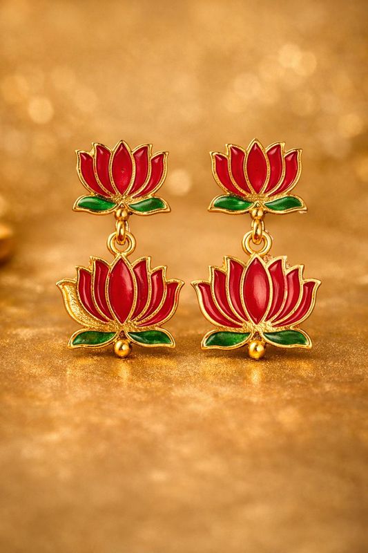 Red and green lotus enamel earrings (pair 1)