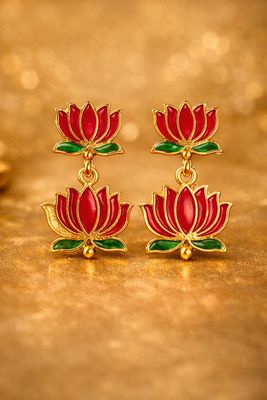 Red and green lotus enamel earrings (pair 1)