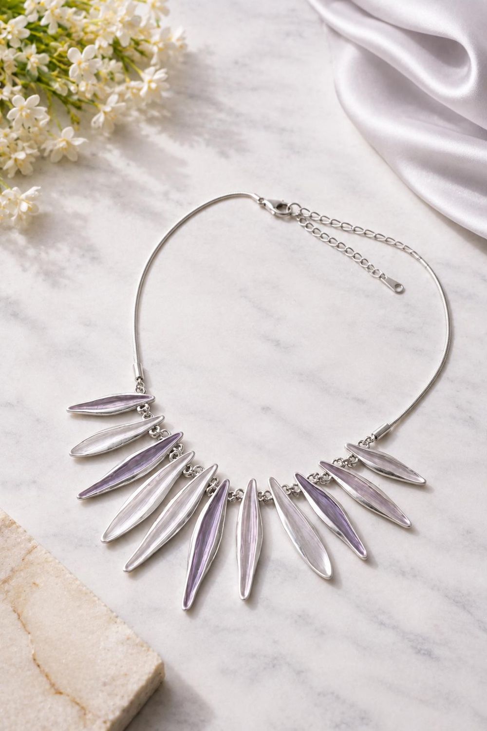 Silver-tone  purple and pink floral chain necklace