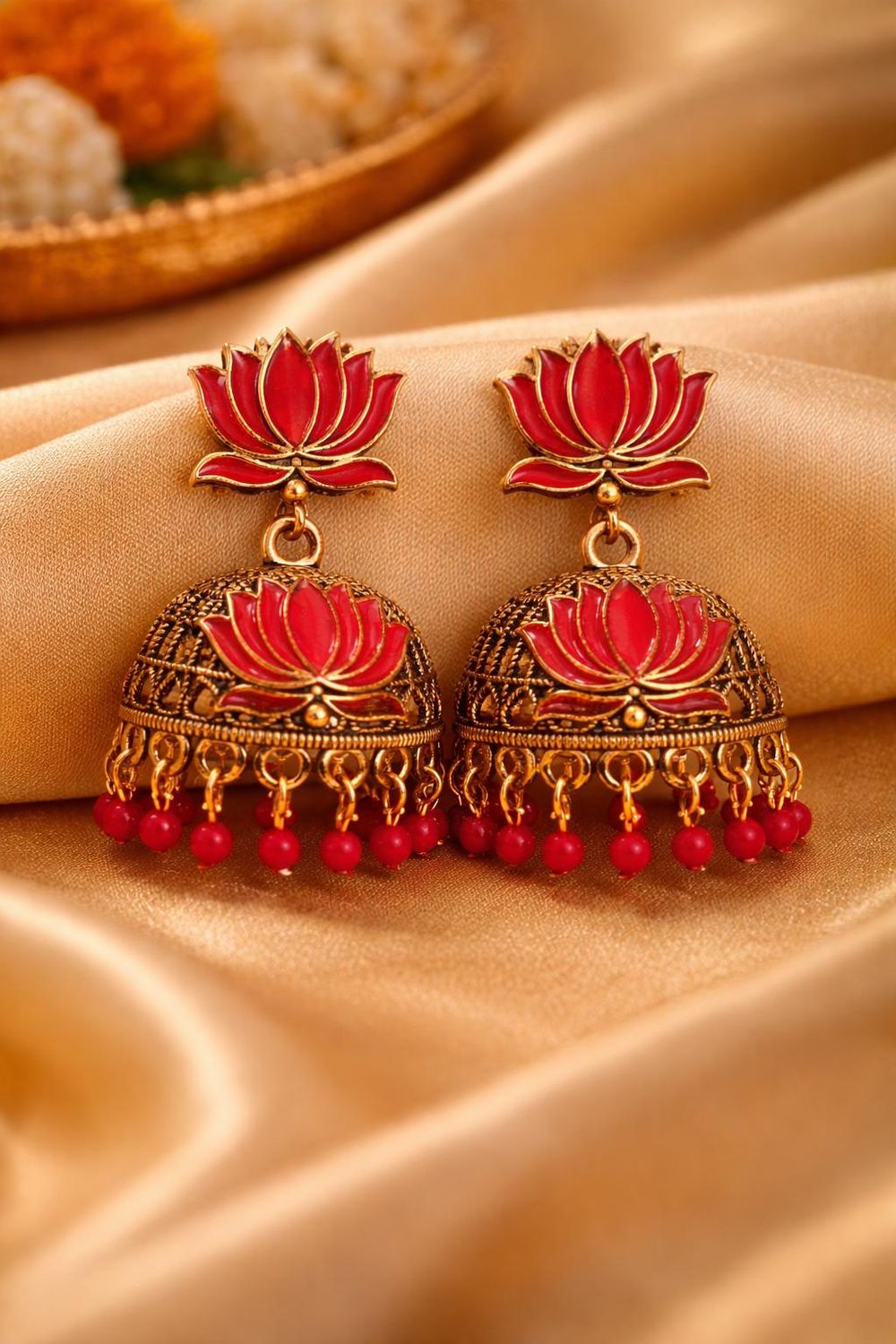 Red lotus jhumka earrings