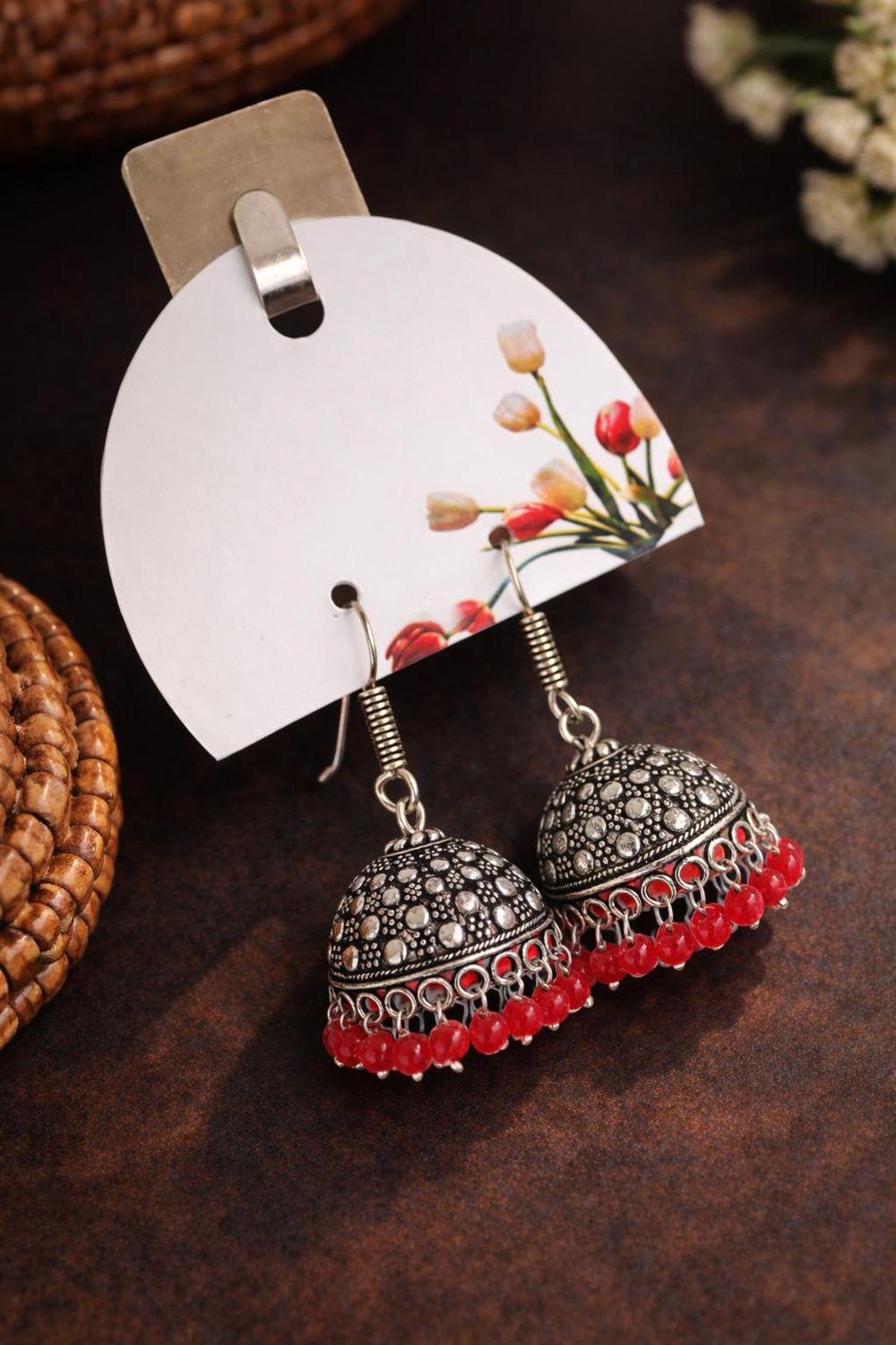 Silver-tone dome jhumka earrings with red bead fringe
