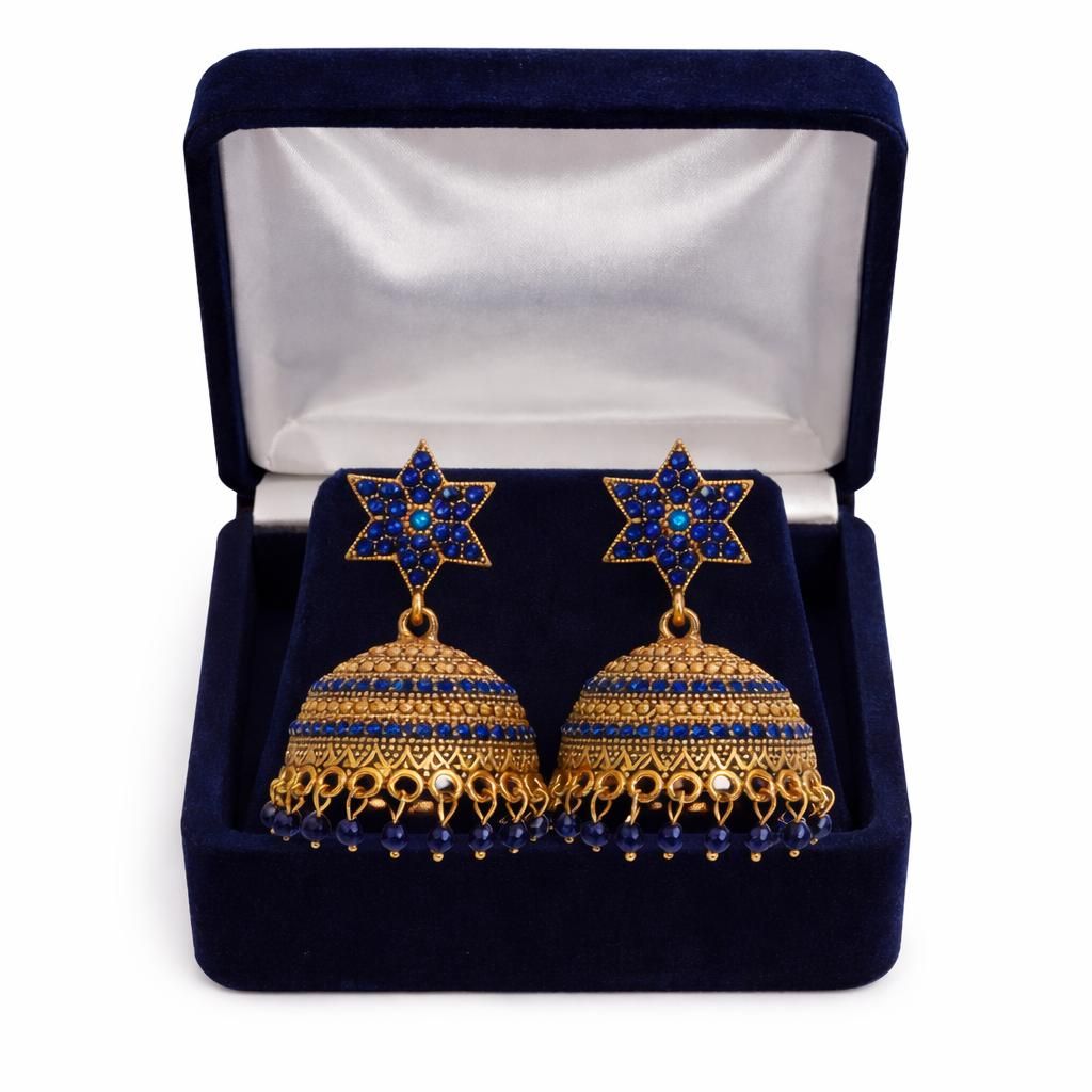 Blue stone star shaped gold tone jhumka earrings