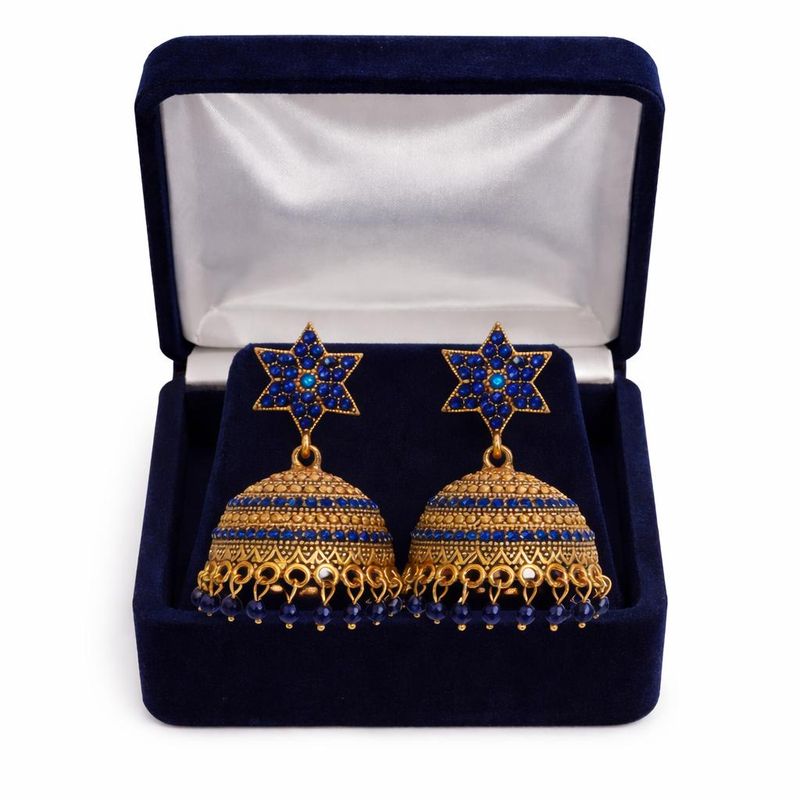 Blue stone star shaped gold tone jhumka earrings
