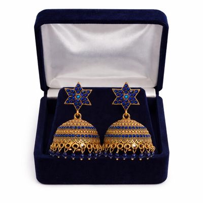 Blue stone star shaped gold tone jhumka earrings