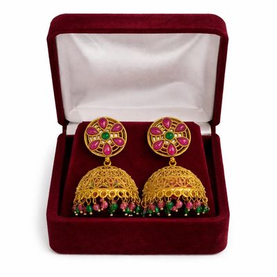Gold-tone filigree dome jhumka earrings with pink and green stones