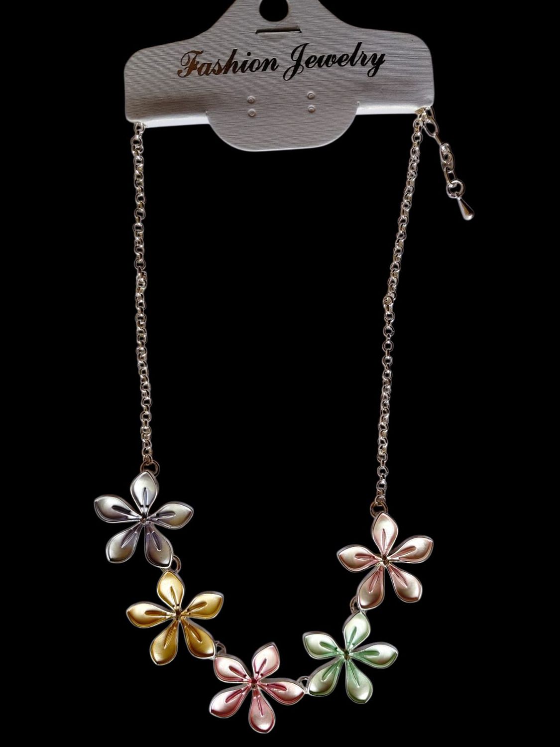 White floral necklace with silver tone chain