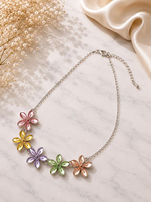 Multicolour floral neck chain with silver tone chain