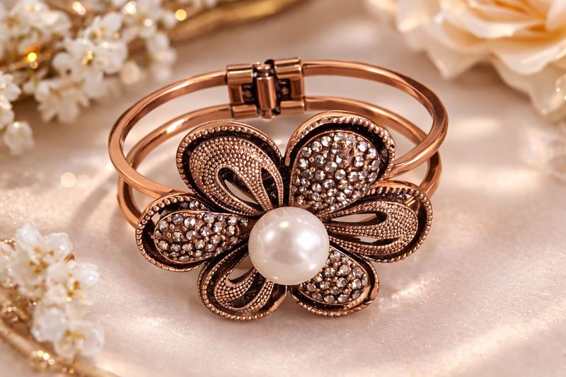 Rose-gold tone bracelet with butterfly/flower motif and pearl centre