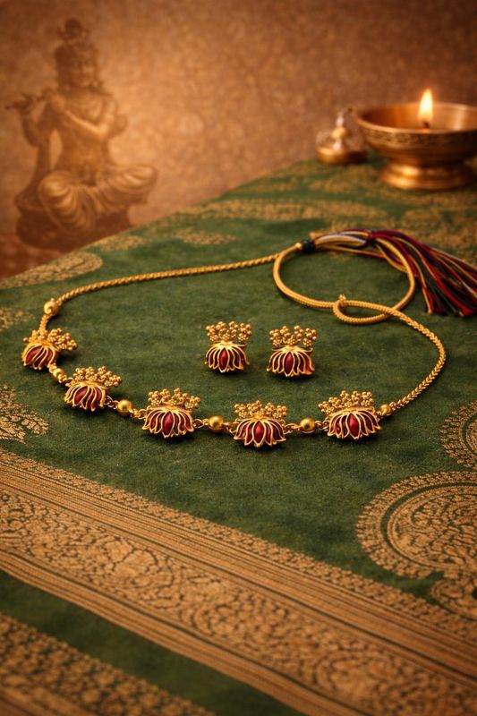 Gold-tone lotus pendant necklace set with matching earrings