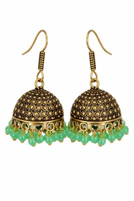 Gold-tone shaped earrings with filigree body and green beads