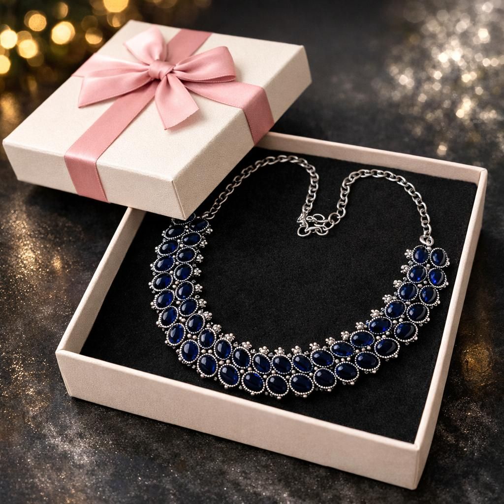 Blue-stone  necklace with silver tone chain