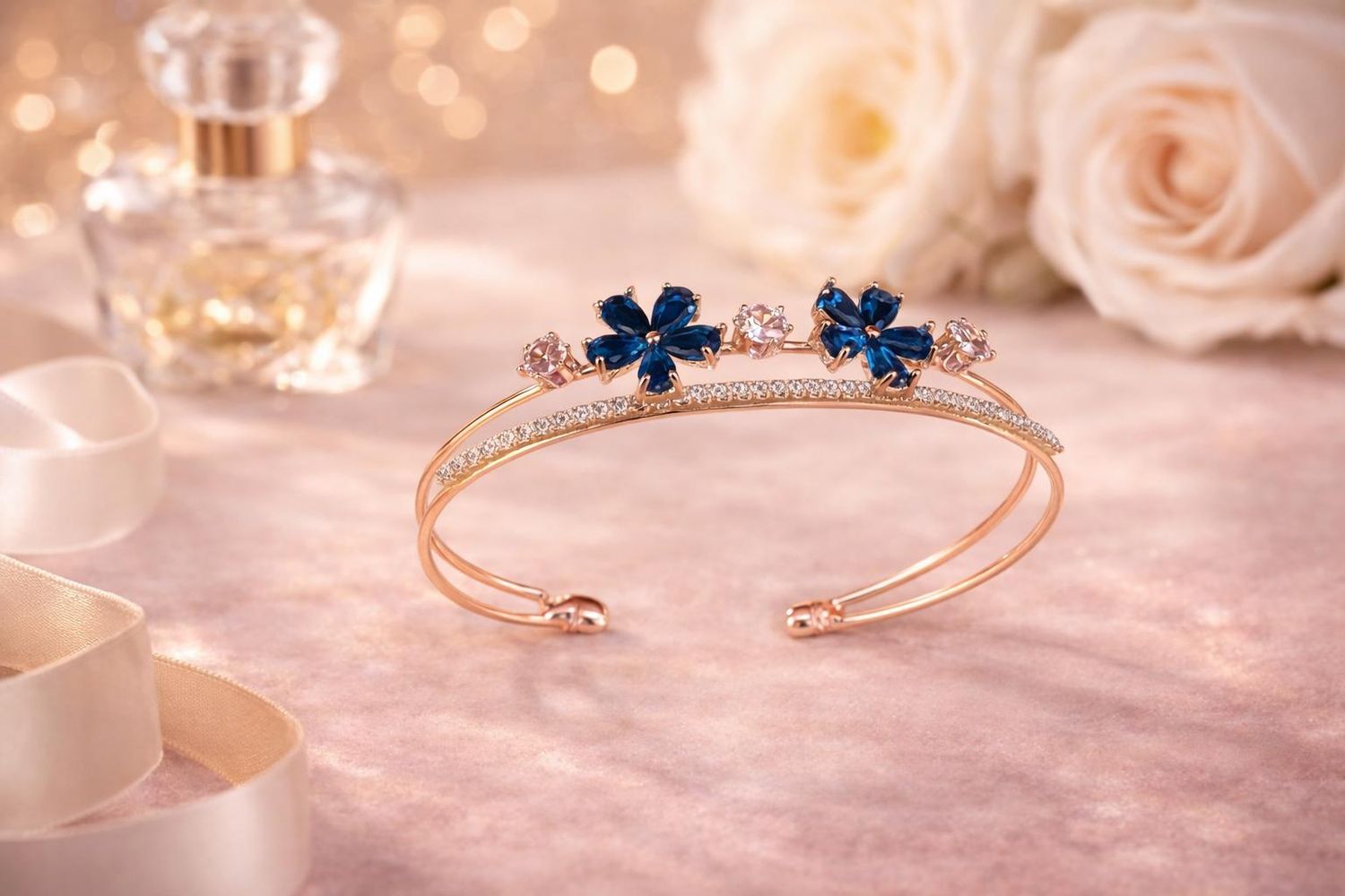 Rose-gold tone blue with white stone bangle