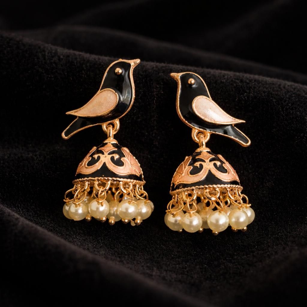 Bird enamel earrings in black and peach tones