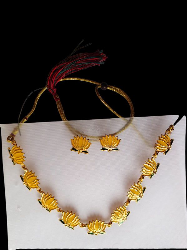 Yellow lotus floral necklace with matching earrings