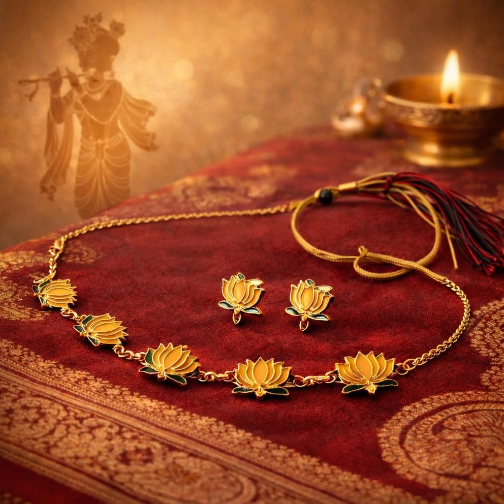 Yellow lotus floral necklace with matching earrings