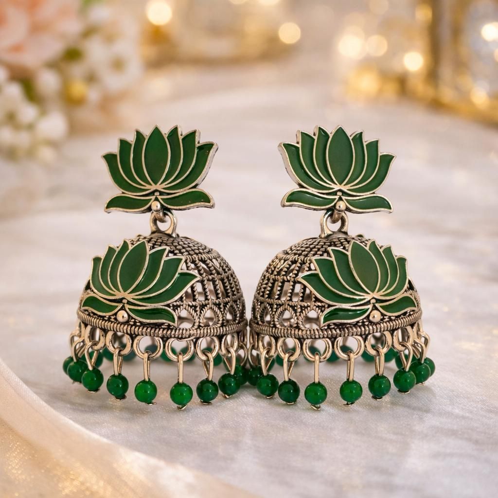Green lotus jhumka earrings