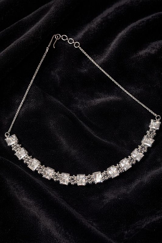 Silver-tone adjustable neck chain with square stones