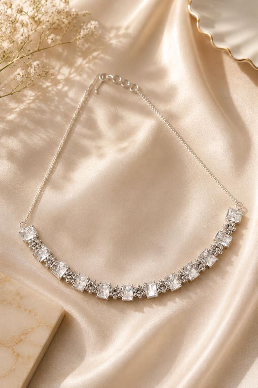 Silver-tone adjustable necklace with square white stones