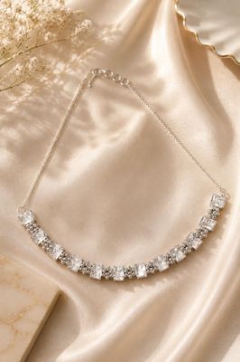 Silver-tone adjustable necklace with square white stones