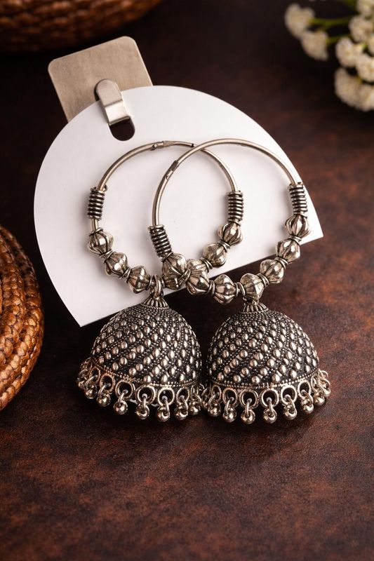 Silver-tone hoop earrings with dome drops