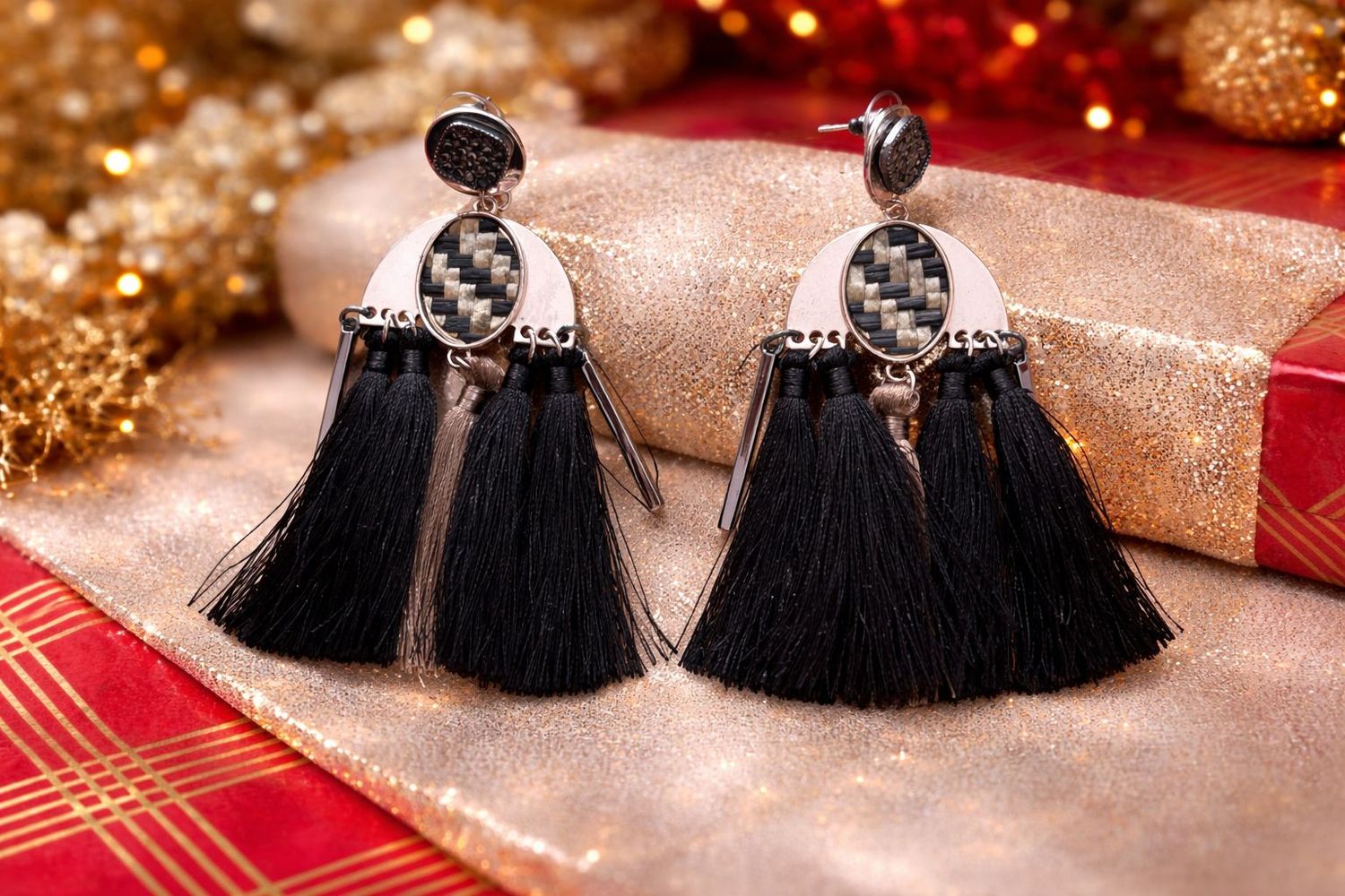Bold black tassels paired with woven metal details