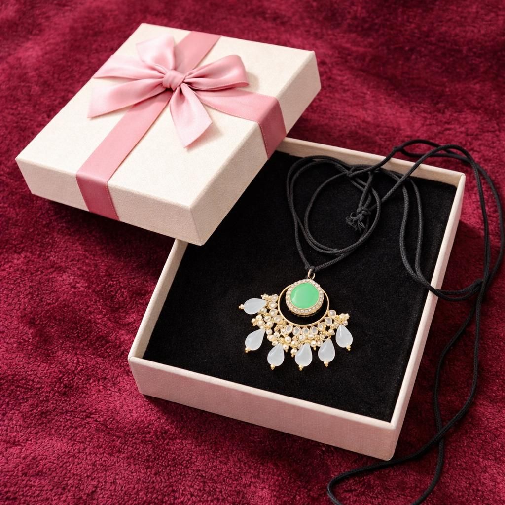 Black cord thread chain with green and white stone pendent