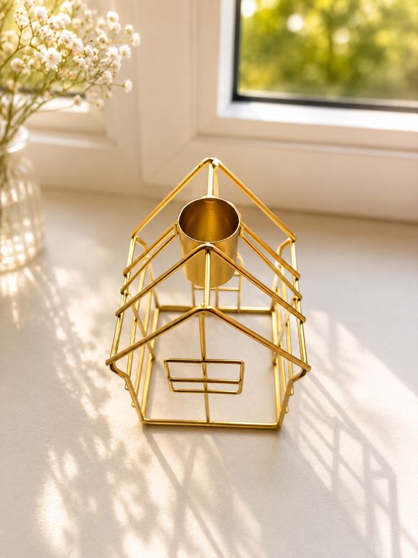 A golden house-shaped candle holder