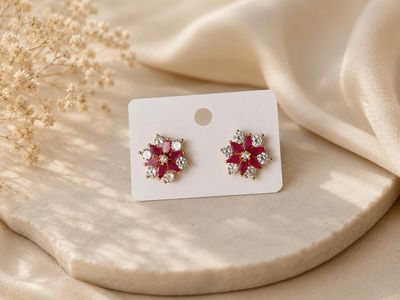 Ruby Red Floral Crystal Stud Earrings – Gold-Tone Flower Earring