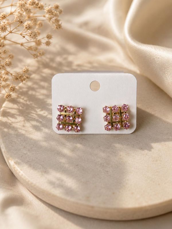 Elegant Pink Crystal Grid Stud Earrings