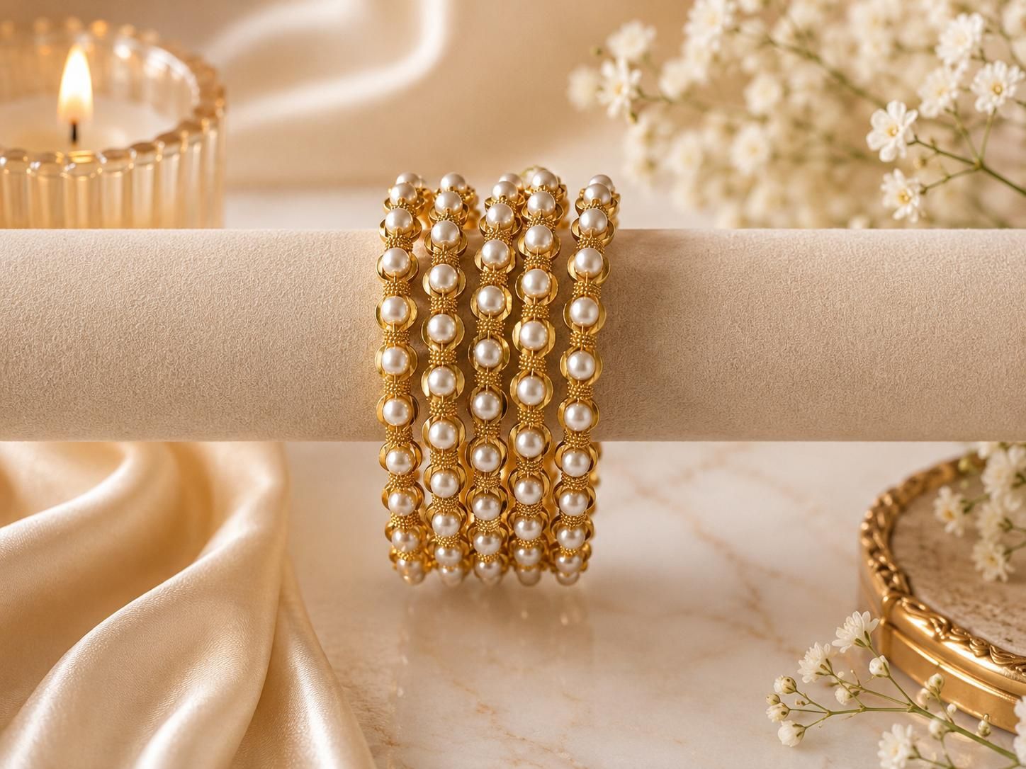5-Piece Bangle set with white beads beautifully paired with intricate gold-tone detailing