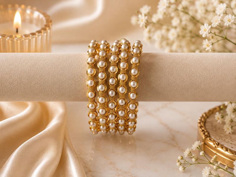5-Piece Bangle set with white beads beautifully paired with intricate gold-tone detailing