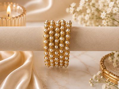 5-Piece Bangle set with white beads beautifully paired with intricate gold-tone detailing