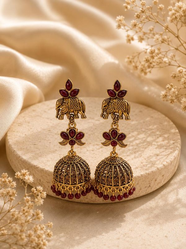Elephant Jhumka Earrings Maroon