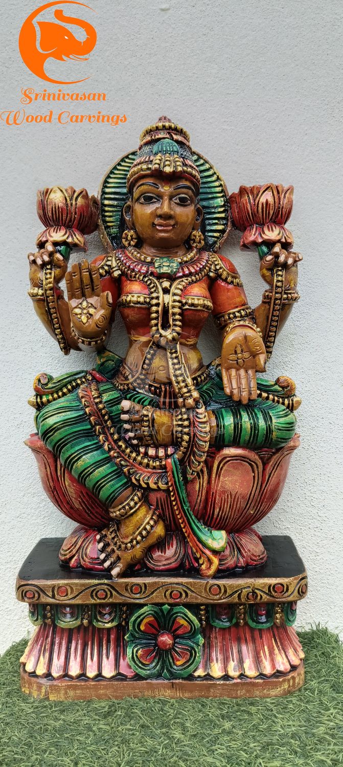 24 Inches Hand-Carved Multicoloured Lakshmi Idol - Wooden Statue
