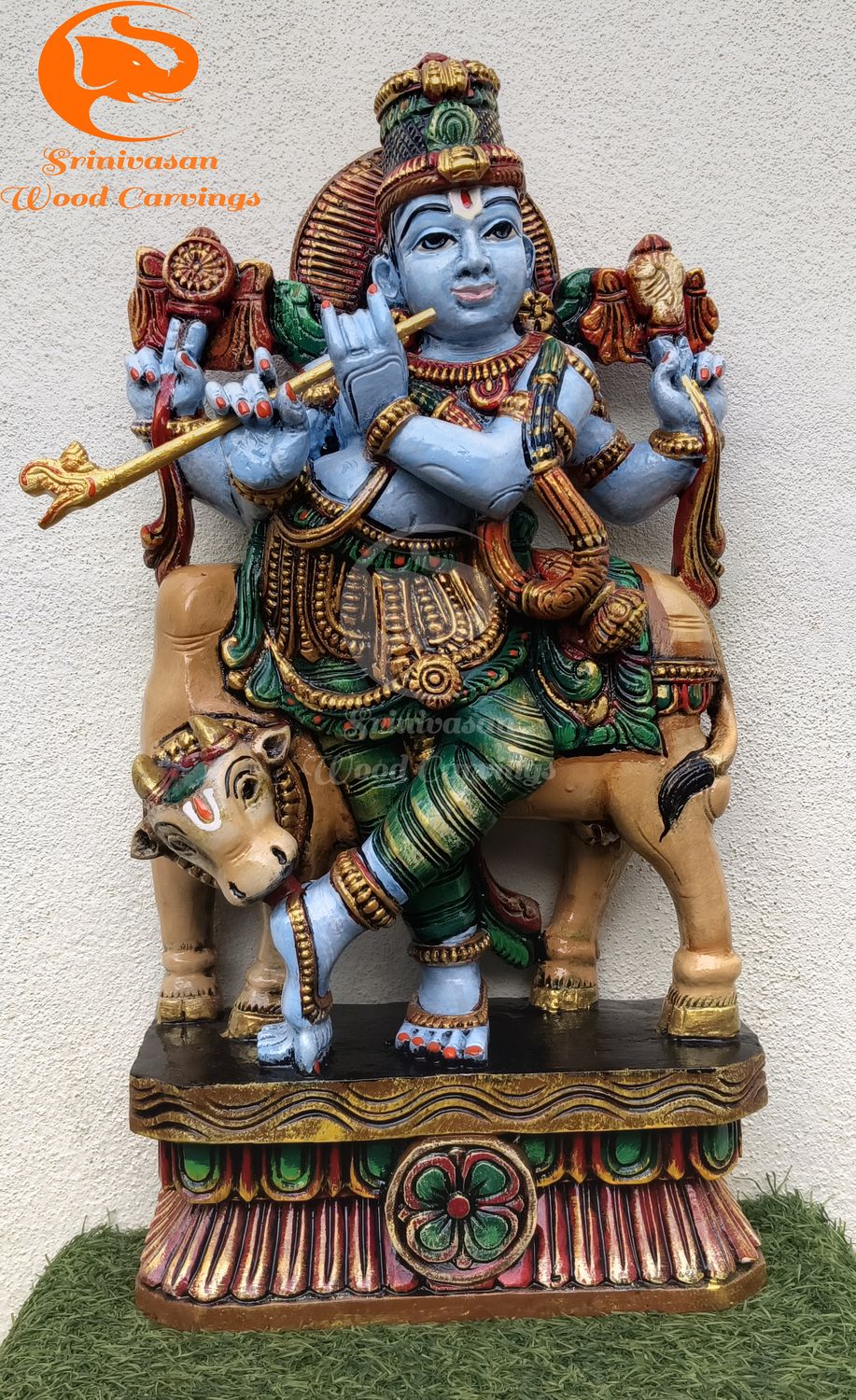24 inches " Multicolored Krishna Wooden Statue with Cow – Exquisite Hand-Carved Art