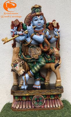 24 inches " Multicolored Krishna Wooden Statue with Cow – Exquisite Hand-Carved Art