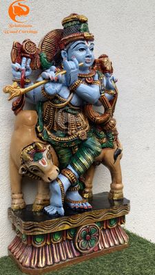 24 inches " Multicolored Krishna Wooden Statue with Cow – Exquisite Hand-Carved Art