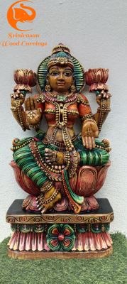 24 Inches Hand-Carved Multicoloured Lakshmi Idol - Wooden Statue