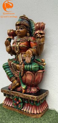 24 Inches Hand-Carved Multicoloured Lakshmi Idol - Wooden Statue