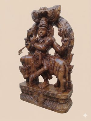 24 inches " Polished Krishna Wooden Statue with Cow"