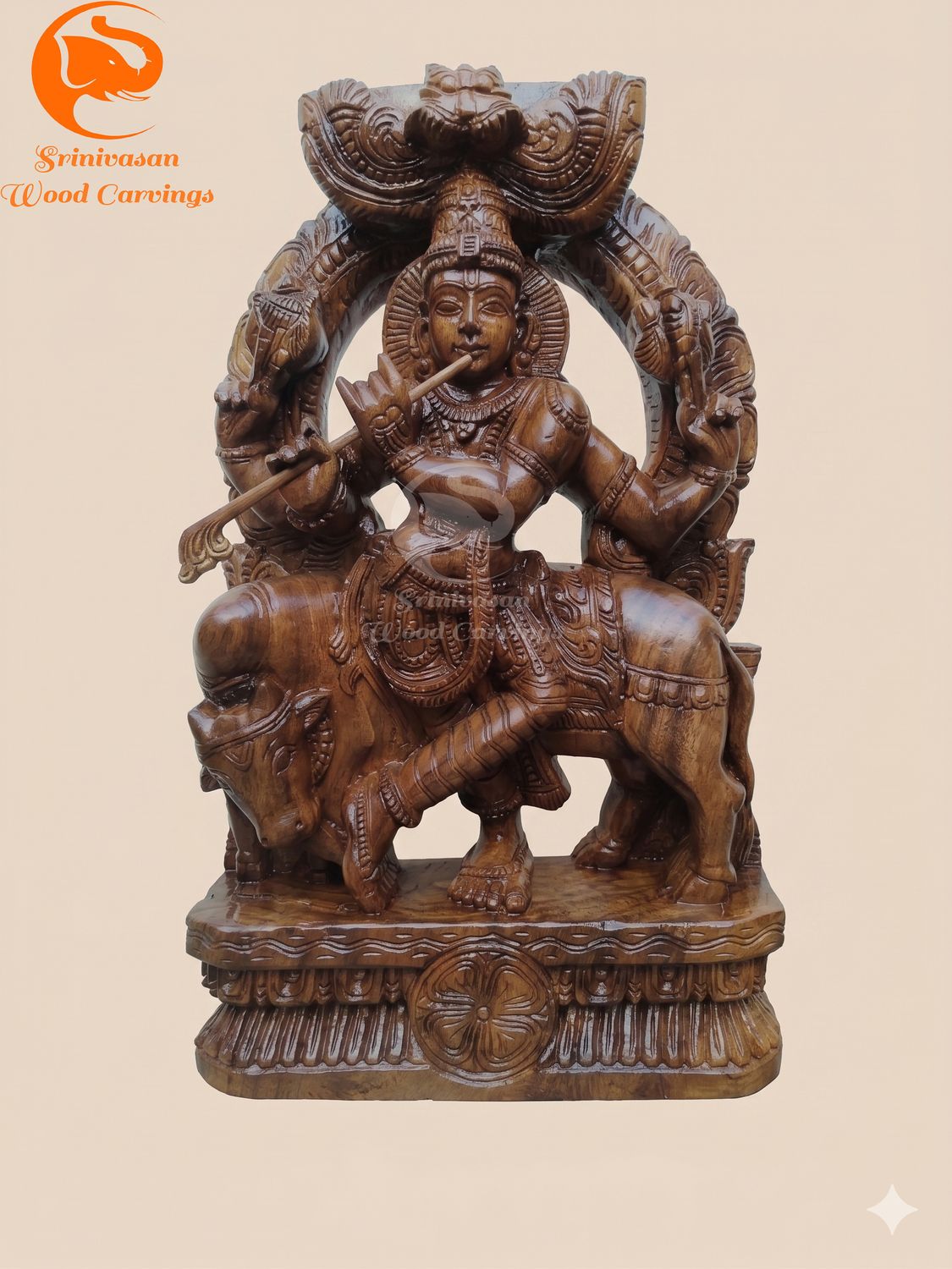 24 inches " Polished Krishna Wooden Statue with Cow"
