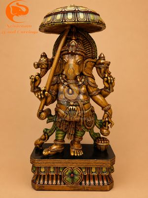 24" Golden Coloured Wooden Umbrella Ganesha Idol 24" Golden Coloured Wooden Umbrella Ganesha Idol