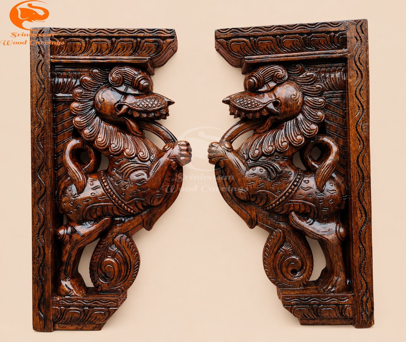 18" Yali Temple Style Wooden Decor